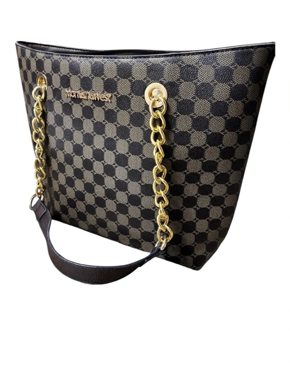 Montana West Brown Checker Tote with Gold Chain Straps
